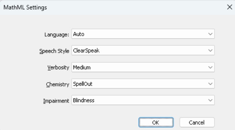 MathML Settings pop up box - showing options to select language, speech style, verbosity, chemistry, impairment.